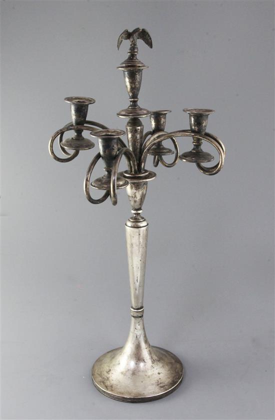 A late 19th/early 20th century Austro-Hungarian 800 standard silver four branch five light candelabrum, 30 oz.